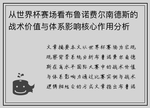 从世界杯赛场看布鲁诺费尔南德斯的战术价值与体系影响核心作用分析
